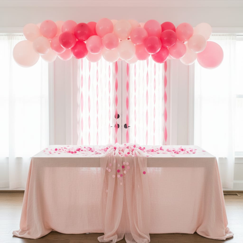 Pink balloon garland and layered pink tablecloths at a pink color party