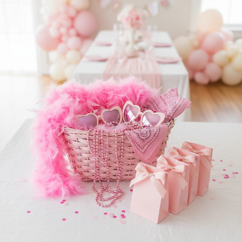 Pink party favor basket and dress-up accessories for a kids' pink color party