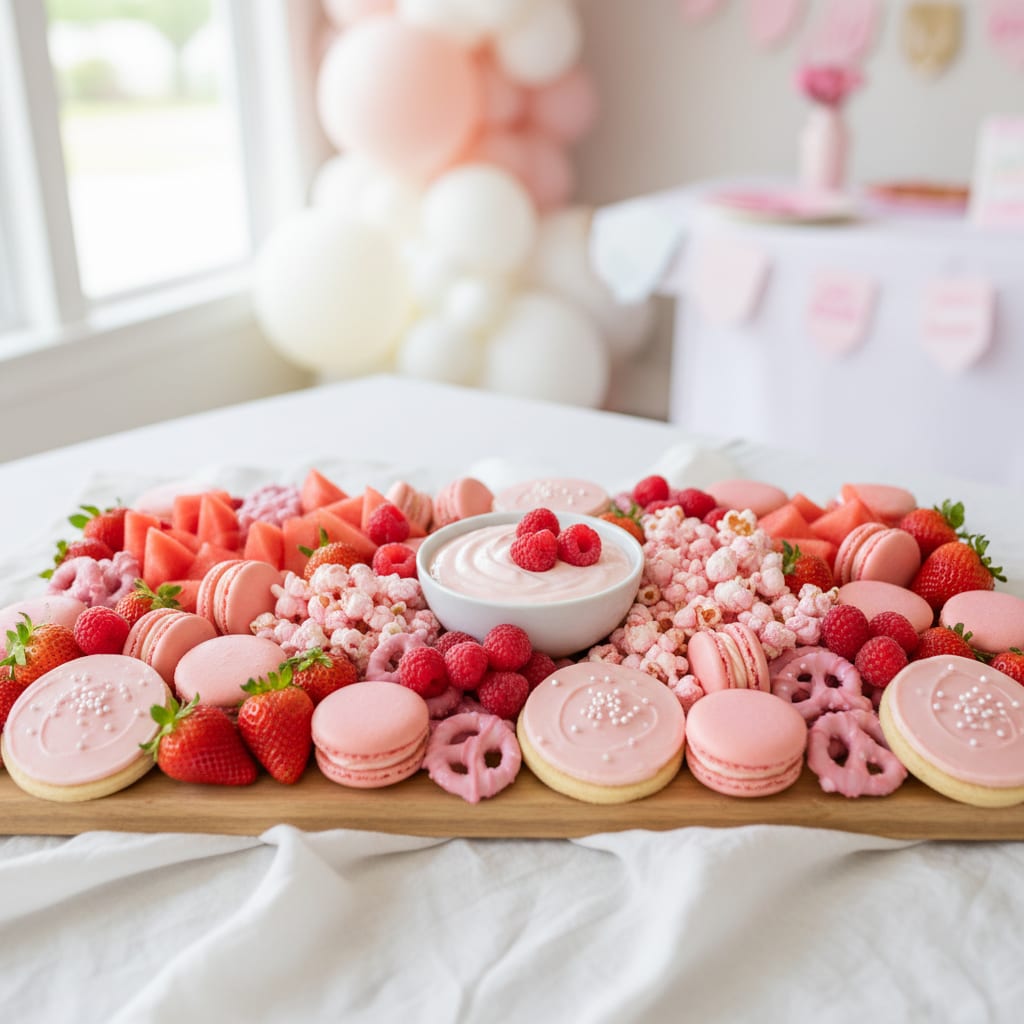All-pink color party food board with strawberries, macarons and pink popcorn